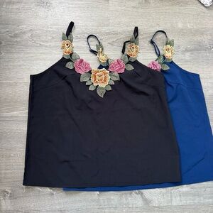 SHEIN Black and Blue Camisoles with Floral Embroidery